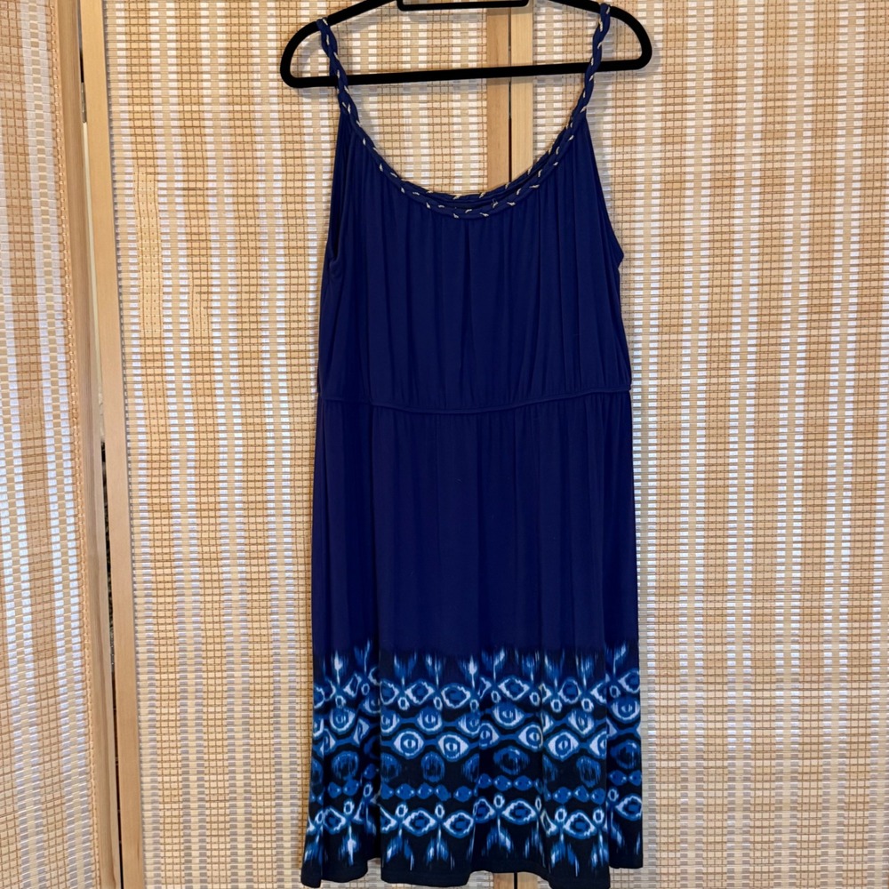 Style & Co Woman Blue Ikat Border Print Braided Neck Knit Dress 2X Plus Size
